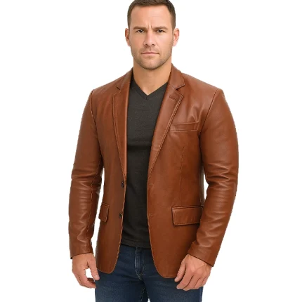 Mens Two Button Tan Leather Blazer – Notch Lapel