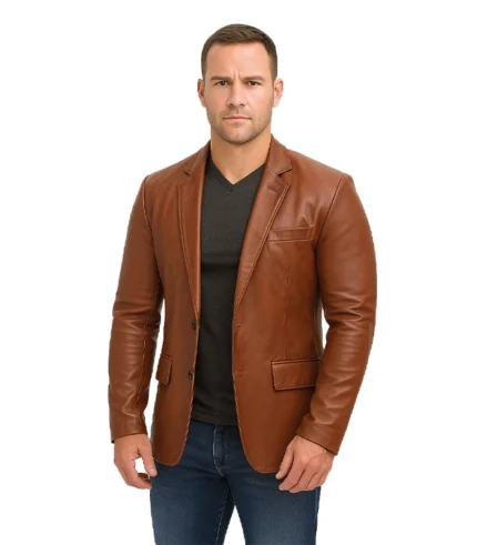 Mens Two Button Tan Leather Blazer – Notch Lapel
