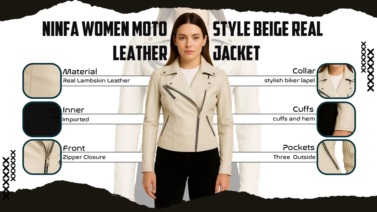 Ninfa Women Moto Style Beige Real Leather Jacket