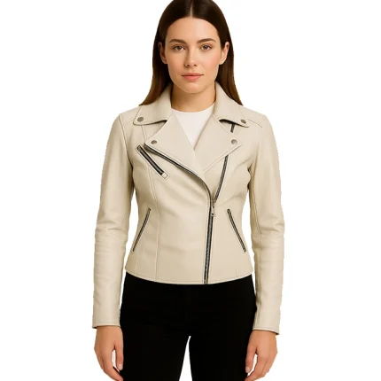 Ninfa Women Moto Style Beige Real Leather Jacket
