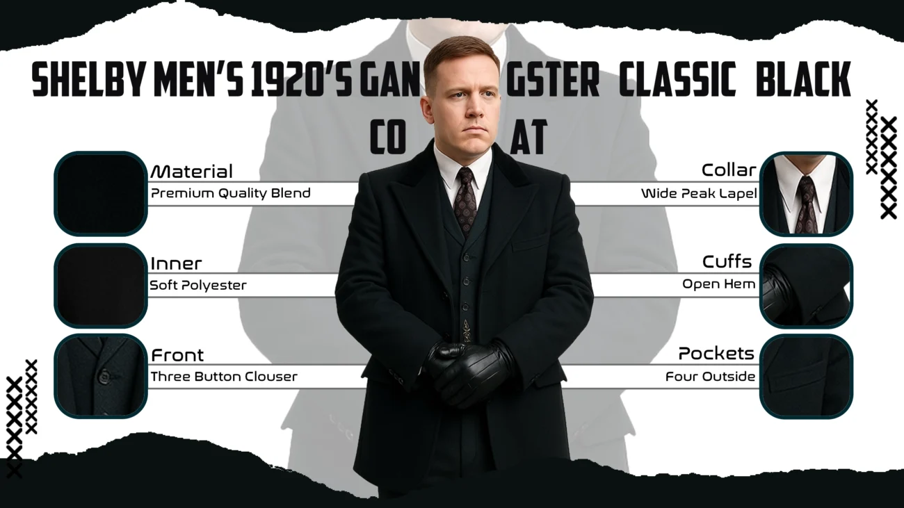 Shelby Men's 1920's Gangster Classic Black Coat