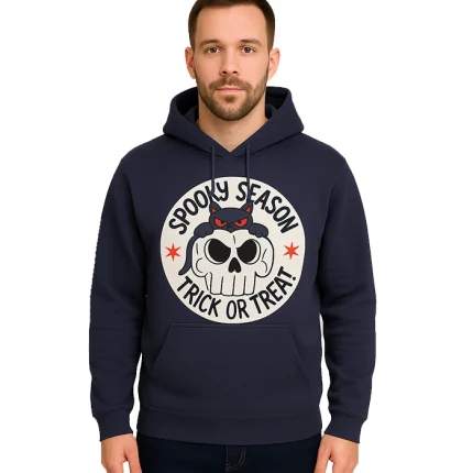 Spooky Season Custom Hoodie – Halloween Cat & Skull Graphic Pullover