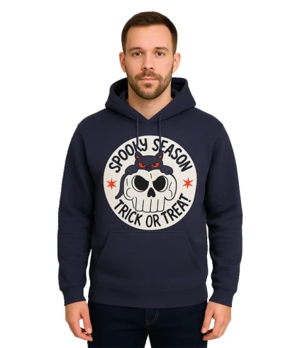 Spooky Season Custom Hoodie – Halloween Cat & Skull Graphic Pullover
