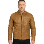Tall Men's Distressed Camel Brown Cafe Racer Leather Jacket