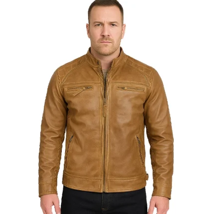 Tall Men's Distressed Camel Brown Cafe Racer Leather Jacket