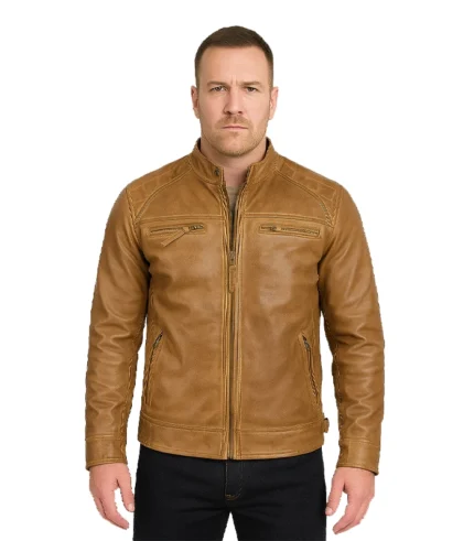 Tall Men's Distressed Camel Brown Cafe Racer Leather Jacket