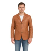 A men’s tan brown leather blazer featuring a single-breasted two-button closure, notched lapels, and a tailored fit.