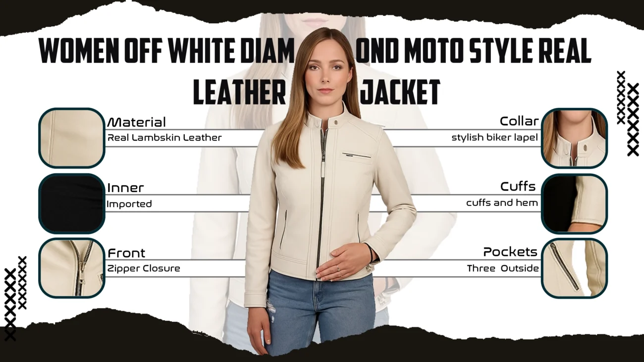 Women Off White Diamond Moto Style Real Leather Jacket