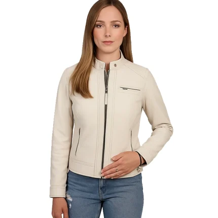 Women Off White Diamond Moto Style Real Leather Jacket