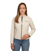 A woman wearing a sophisticated off-white leather moto jacket with diamond-quilted shoulder detailing and a structured snap-tab collar.
