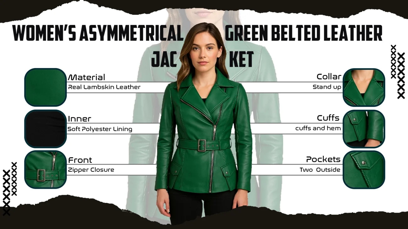 Women's Asymmetrical Green Belted Leather Jacket