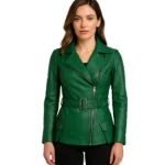Women’s Asymmetrical Green Belted Leather Jacket