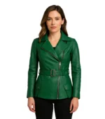 Women’s Asymmetrical Green Belted Leather Jacket