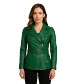 A woman modeling a forest green asymmetrical leather jacket featuring a wide waist belt, silver hardware, and notched lapels.