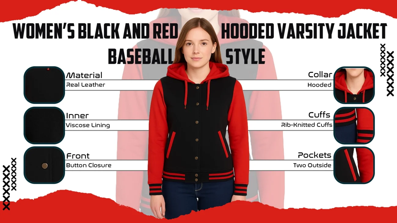 Women's Black and Red Hooded Varsity Jacket