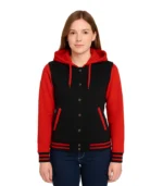 Women’s Black and Red Hooded Varsity Jacket – Baseball Style f