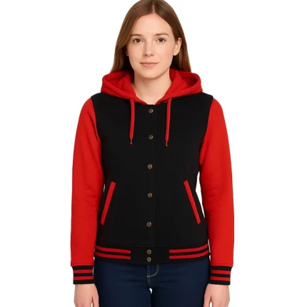 Women’s Black and Red Hooded Varsity Jacket – Baseball Style f