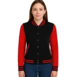 Women’s Black and Red Varsity Jacket – Baseball Letterman Style Women’s Black and Red Varsity Jacket – Baseball Letterman StyleWomen’s Black and Red Varsity Jacket – Baseball Letterman Style Women’s Black and Red Varsity Jacket – Baseball Letterman Style