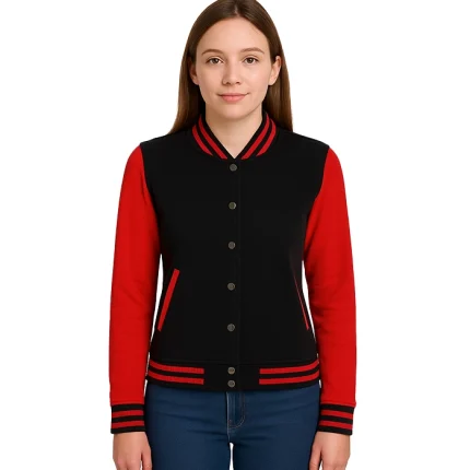 Women’s Black and Red Varsity Jacket – Classic Baseball Letterman Style