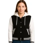 Women’s Black and White Hooded Varsity Jacket – Letterman Style