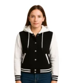 Women’s Black and White Hooded Varsity Jacket – Letterman Style