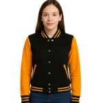 Women’s Black and Yellow Letterman Jacket – Baseball Style Varsity Bomber
