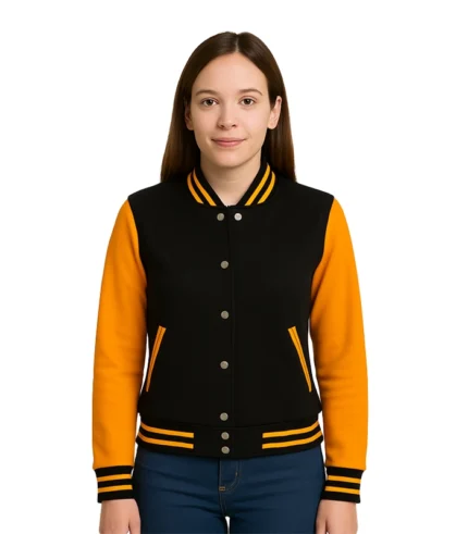 Women’s Black and Yellow Letterman Jacket – Baseball Style Varsity Bomber