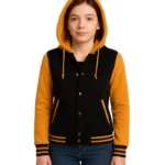 Women’s Black and Yellow Varsity Jacket – Hooded Letterman Bomber