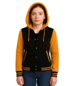 Women’s Black and Yellow Varsity Jacket – Hooded Letterman Bomber