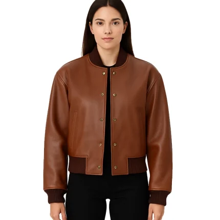 Women’s Cognac Brown Buttoned Cropped Bomber Leather Jacket