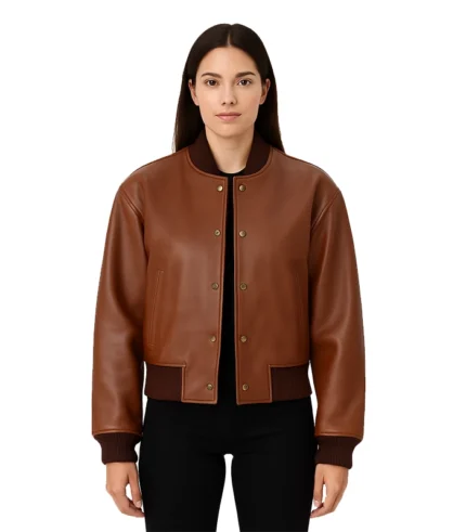 Women’s Cognac Brown Buttoned Cropped Bomber Leather Jacket