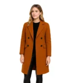 A sophisticated woman wearing a double-breasted longline wool coat with a professional lapel collar and structured fit.