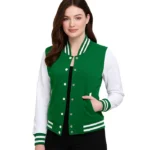 Women’s Green and White Varsity Jacket – College Letterman Style