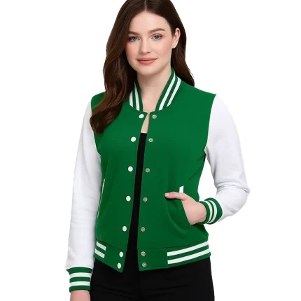 Women’s Green and White Varsity Jacket – College Letterman Style