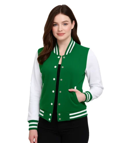 Women’s Green and White Varsity Jacket – College Letterman Style