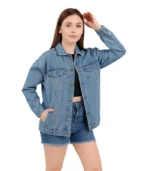 A women’s light blue denim jacket featuring a bleached stonewash finish, silver hardware, and a relaxed trucker silhouette.