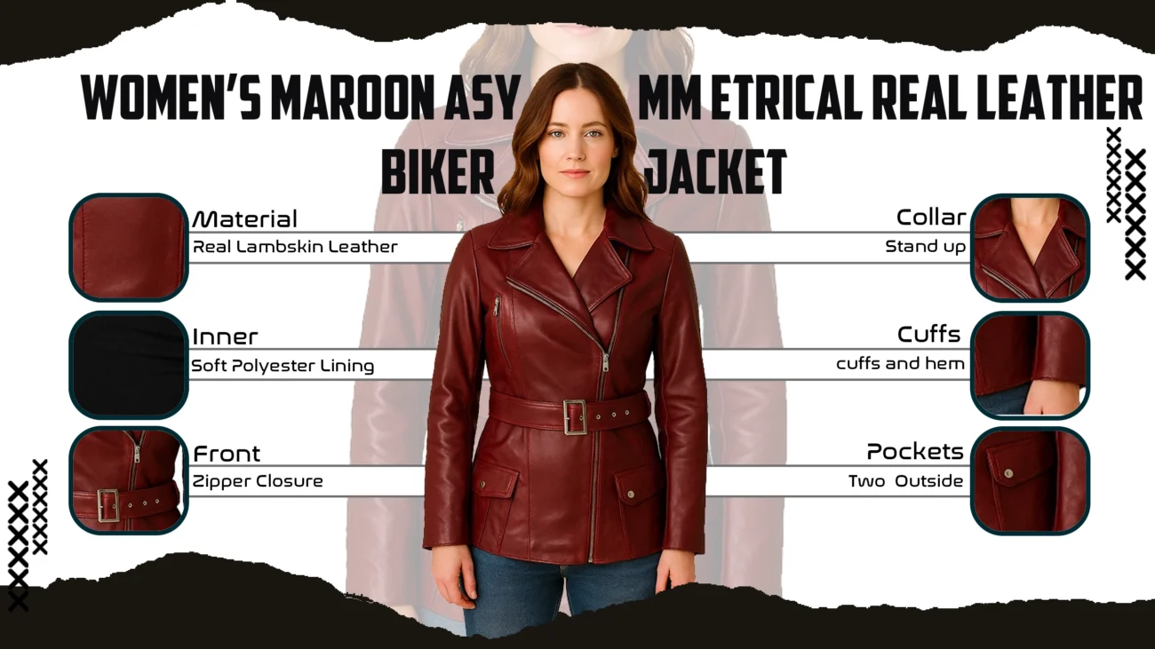 Women’s Maroon Asymmetrical Real Leather Biker Jacket