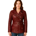 Women’s Maroon Asymmetrical Real Leather Biker Jacket