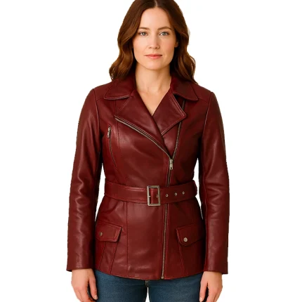 Women’s Maroon Asymmetrical Real Leather Biker Jacket