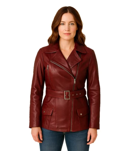 Women’s Maroon Asymmetrical Real Leather Biker Jacket
