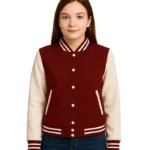 Womens Maroon Varsity Jacket with White Sleeves – Baseball Style Jacket f