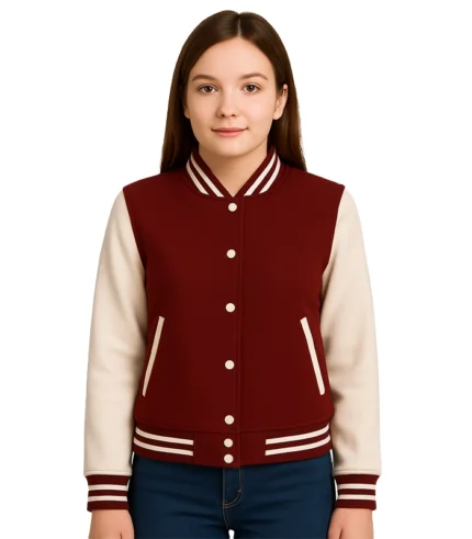 Womens Maroon Varsity Jacket with White Sleeves – Baseball Style Jacket f