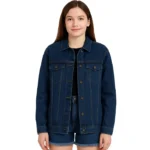 Women’s Mid-Blue Oversized Denim Jacket – Casual Relaxed Fit Jean Coat