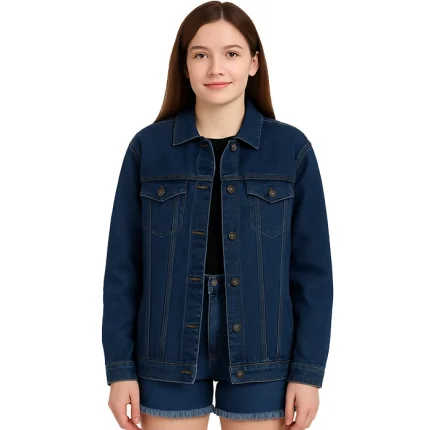 Women’s Mid-Blue Oversized Denim Jacket – Casual Relaxed Fit Jean Coat