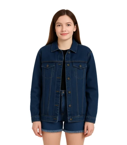 Women’s Mid-Blue Oversized Denim Jacket – Casual Relaxed Fit Jean Coat