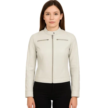 Women’s Off White Cafe Racer Leather Jacket