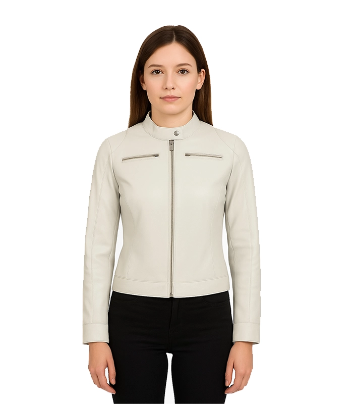 A women’s off-white cafe racer leather jacket featuring a sleek mandarin collar, silver-tone zippers, and a slim-fit tailored design.