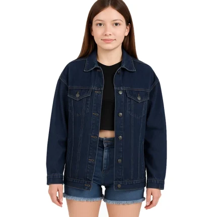 Women’s Oversized Dark Blue Denim Jacket – Button Closure