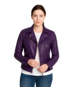 A women’s vibrant purple leather cafe racer jacket featuring diamond-quilted shoulder panels, a snap-tab collar, and silver zippered pockets.