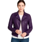 Women’s Purple Cafe Racer Leather Jacket – Quilted Shoulder